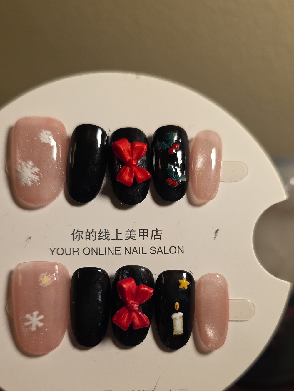 Holiday Nail Set - Black & Pink Festive Press-Ons Size Med